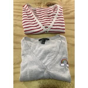 2 FOREVER 21 Cardigans Red/White & Gray Rainbow Sz. Small- Pre-Owned